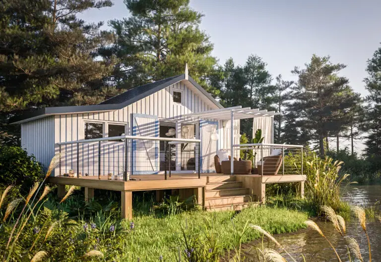 Quadrapol chalet en bois cabanon bleu à côté d'un lac